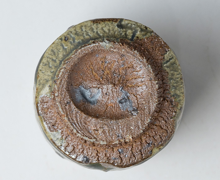 The bottom view of Ao Karatsu guinomi sake cup
